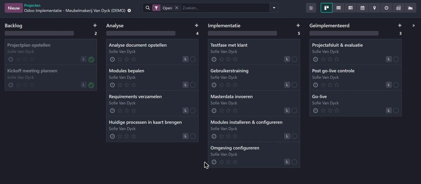 Echt Odoo-projectbord van een Odoo-implementatietraject bij Lynova, met taken per fase: Backlog, Analyse, Implementatie, Geïmplementeerd