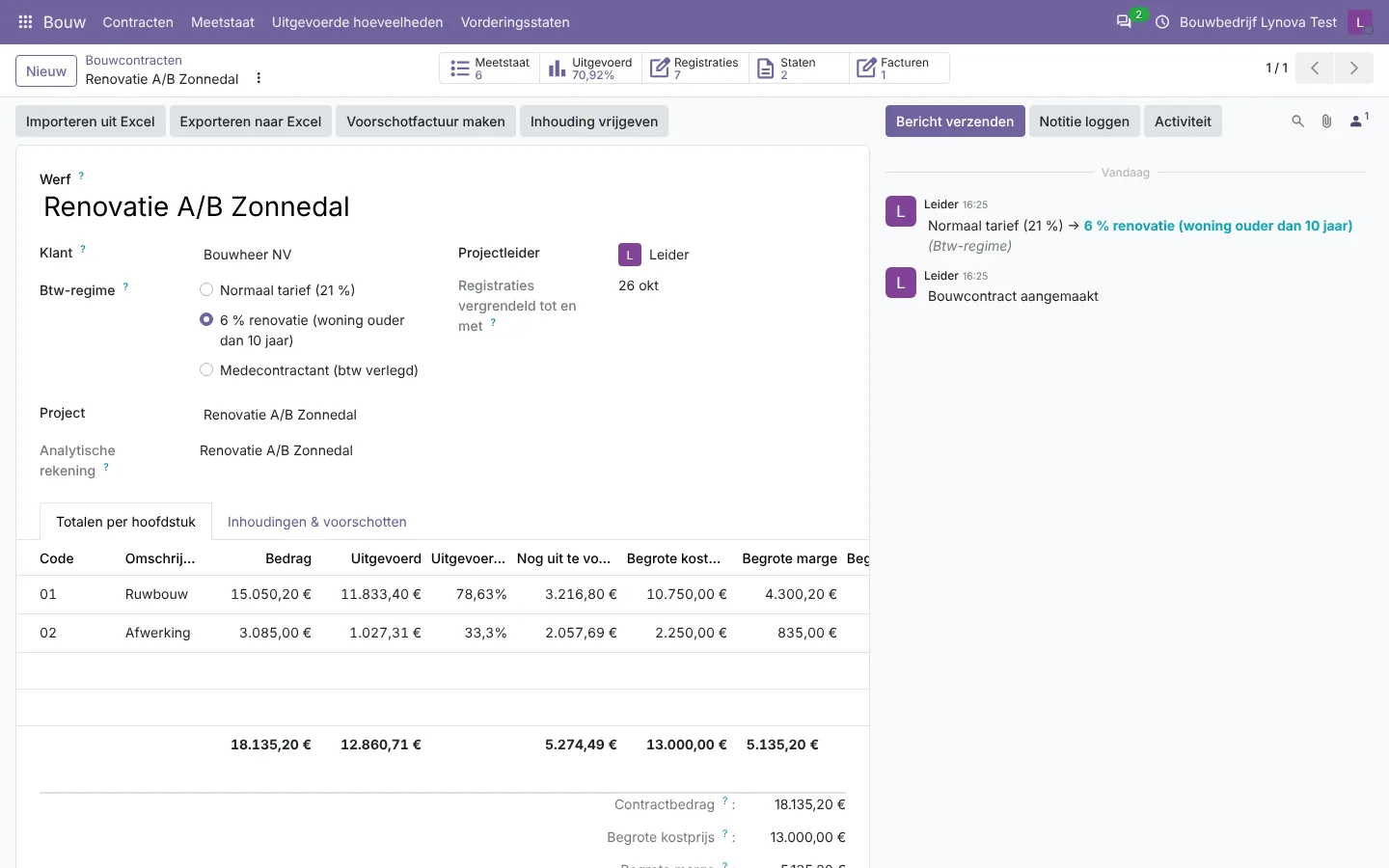 Bouwcontract in Odoo met totalen per hoofdstuk, uitgevoerde hoeveelheden, begrote kost en marge per werf